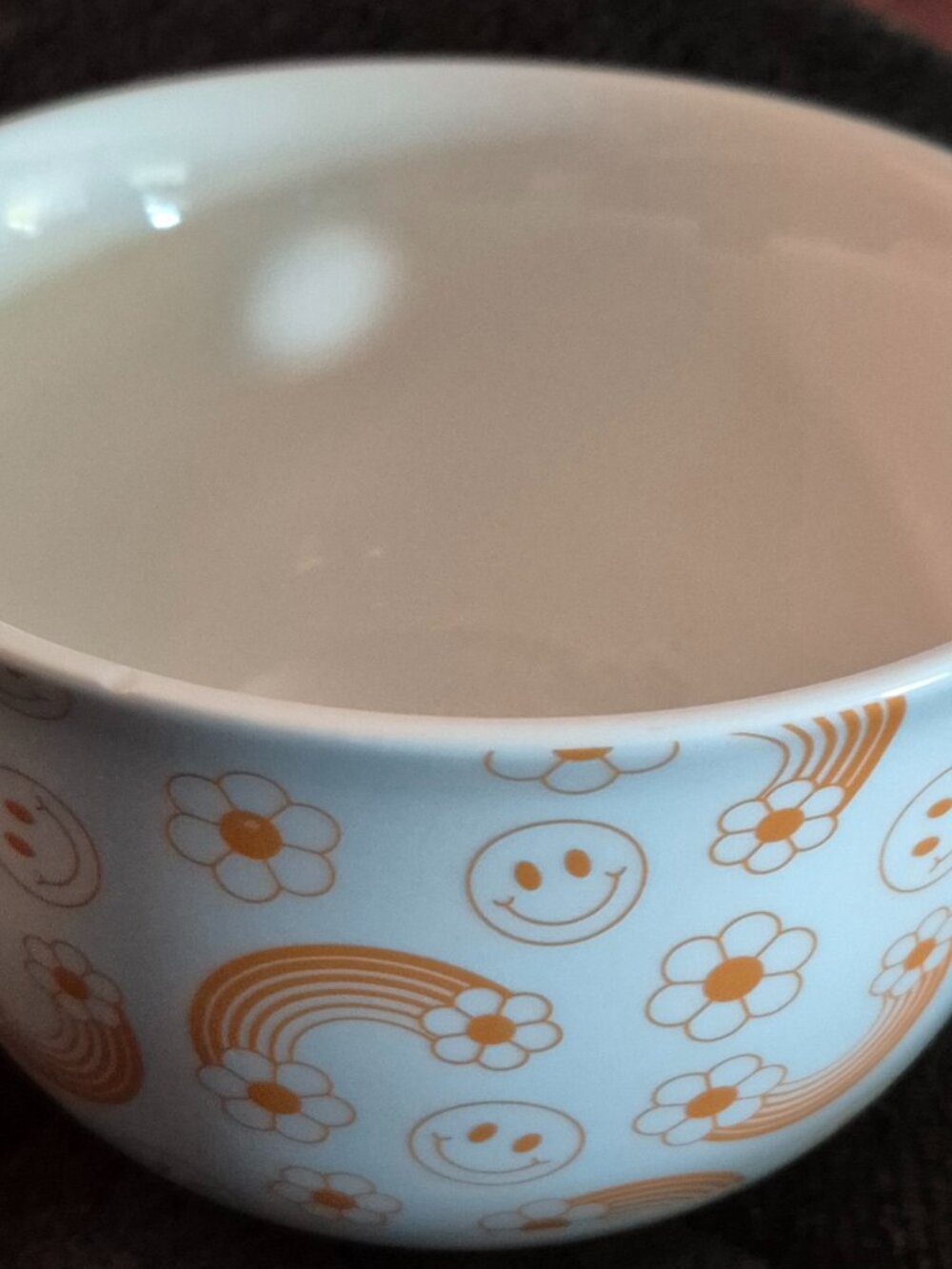 Retro Ramen Noodle Bowl White Orange Groovy '70s Smiley Face Daisies Rainbows EC